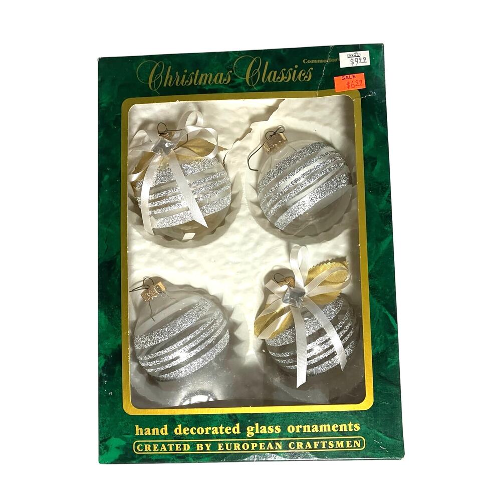 4 Vtg Commodore Ornaments Set Christmas Classics Silver Glitter Hand-Decorated